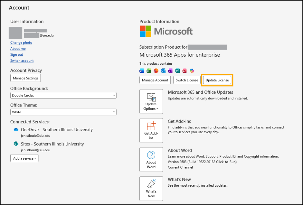 Screenshot of Account menu items with Update License button highlighted.