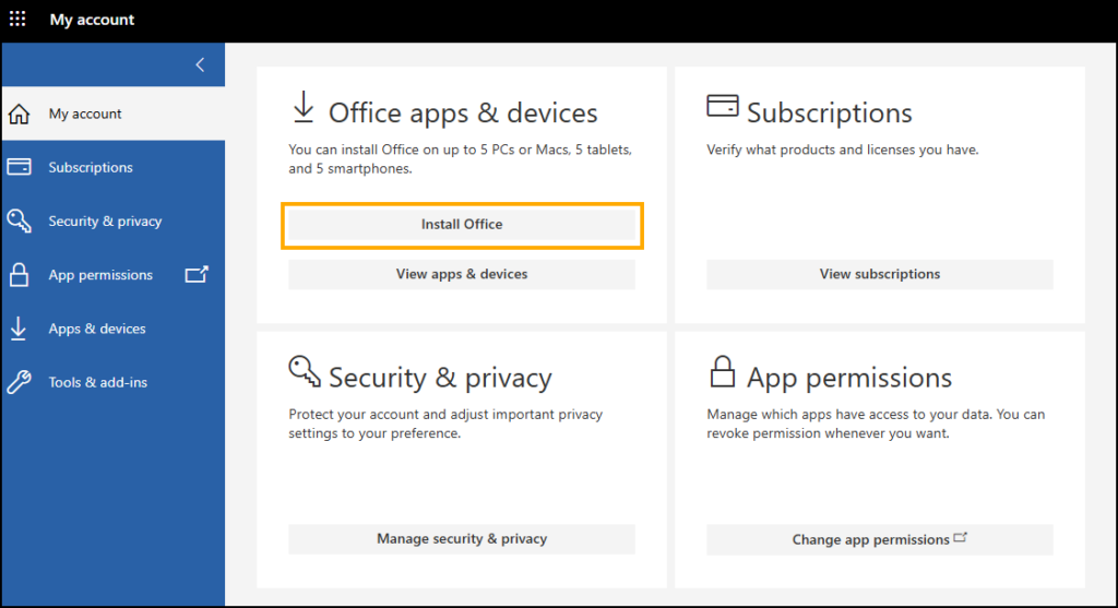 Screenshot of Microsoft Portal with Install Office button highlighted.