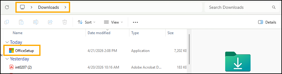 Screenshot of Office Setup installer in the Downloads Folder.