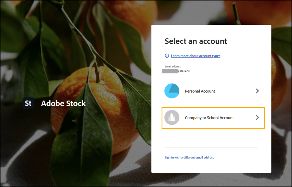 Screenshot of Adobe Stock sign in window; account selection.