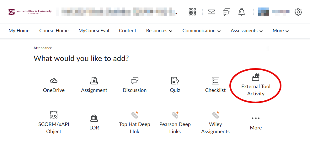 A screenshot of possible existing activities, highlighting external tool activity in a red circle.