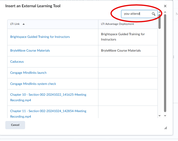 A screenshot of the list of external learning tool, highlighting you-attend in the search box.