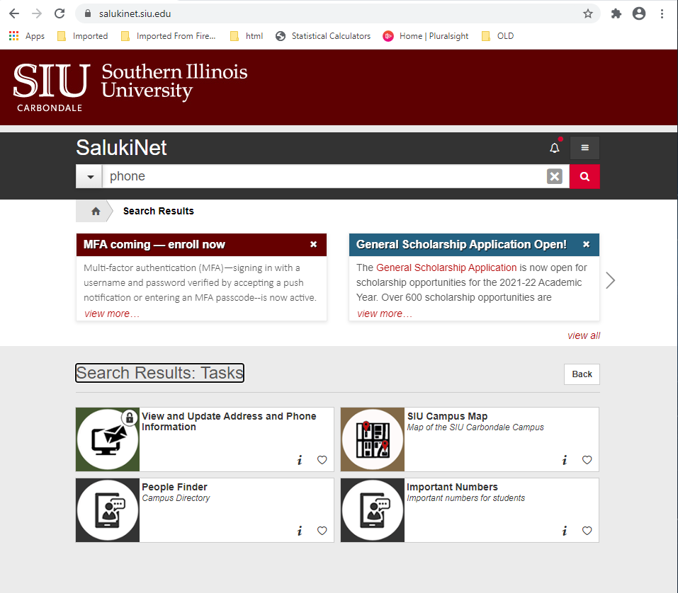 SalukiNet website with "phone" typed into the searchbar.
