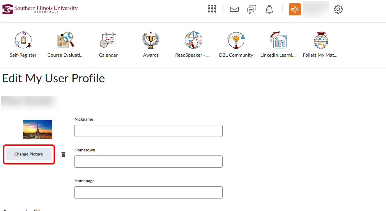 A screenshot of "Edit My User Profile" page under Profile, highlighting in red "Change Picture"