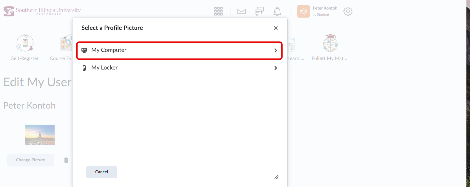 A screenshot of "Select a Profile Picture" page showing locations for pictures with a red highlight on "My Computer"