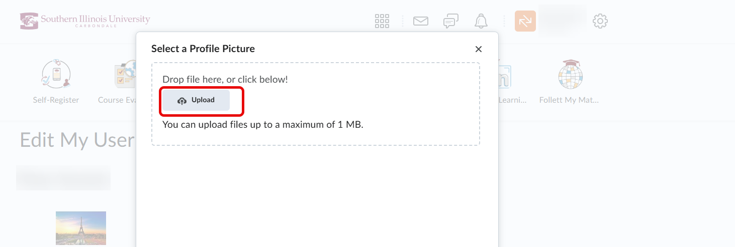 A screenshot of "Select a Profile Picture" page with a red highlight on "Upload"