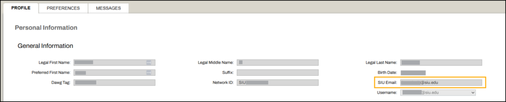 Screenshot of the Profile tab on the NetID website; SIU Email field is highlighted.