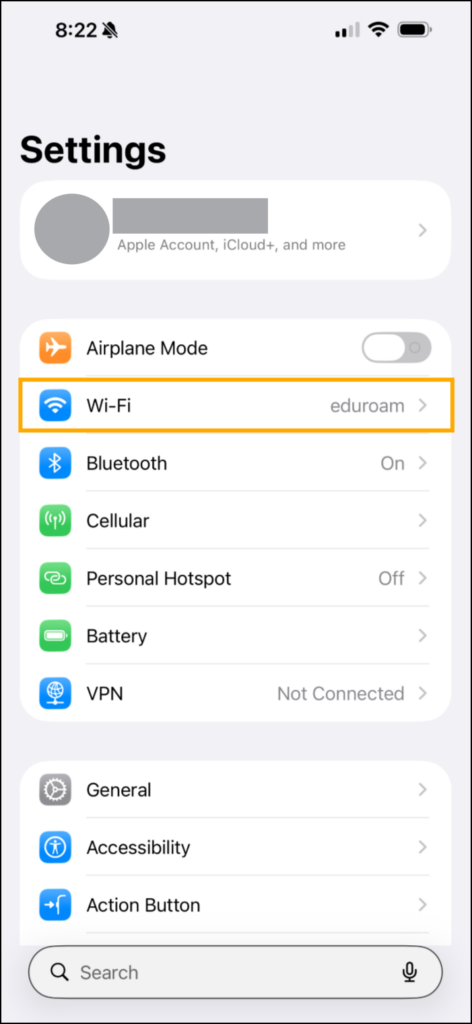 Screenshot of the main Settings options.