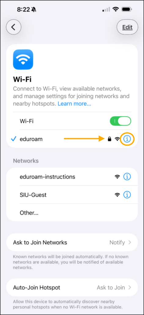 Screenshot of the Wi-Fi settings.