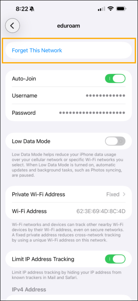 Screenshot of Network Settings with Forget This Network highlighted.