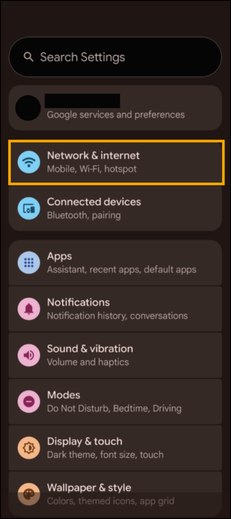 Screenshot of Android Settings main menu.