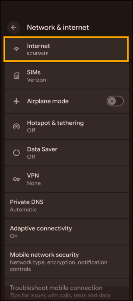 Screenshot of Android Network & internet settings.