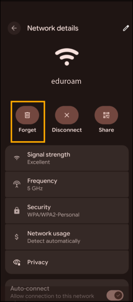 Screenshot of Android network settings with "Forget" option highlighted.