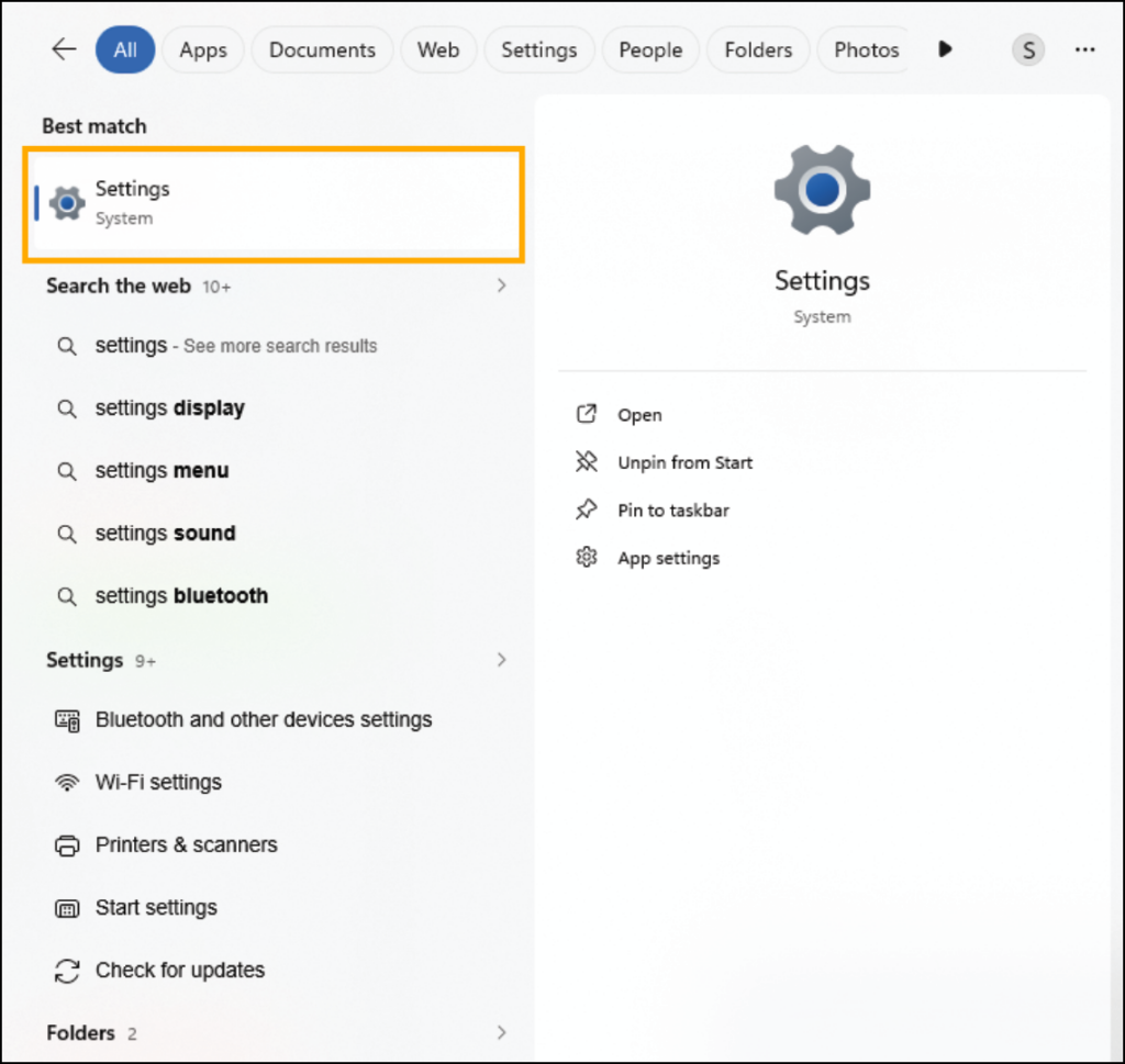 Screenshot of Windows search results with Settings highlighted.