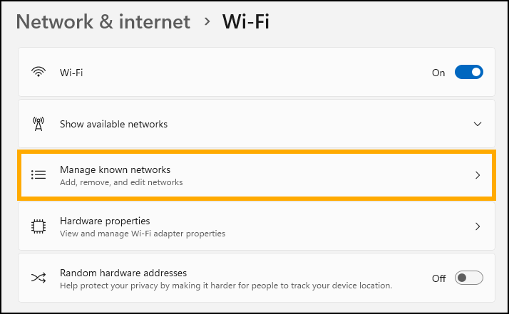 Screenshot of Wifi window with Manage Known Networks highlighted.