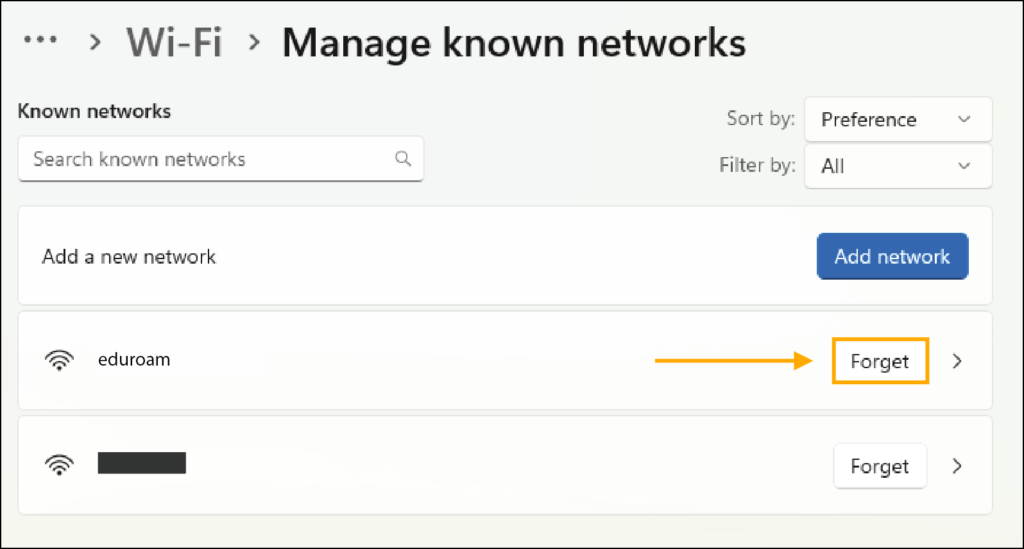 Screenshot of Manage Known Networks settings with Forget option highlighted.