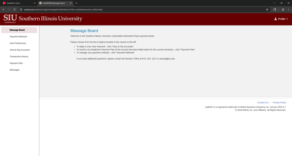 Screenshot of initial page on Bursar Portal