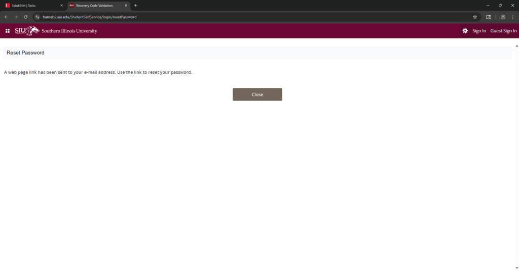Screenshot of message that indicates password reset email has been sent