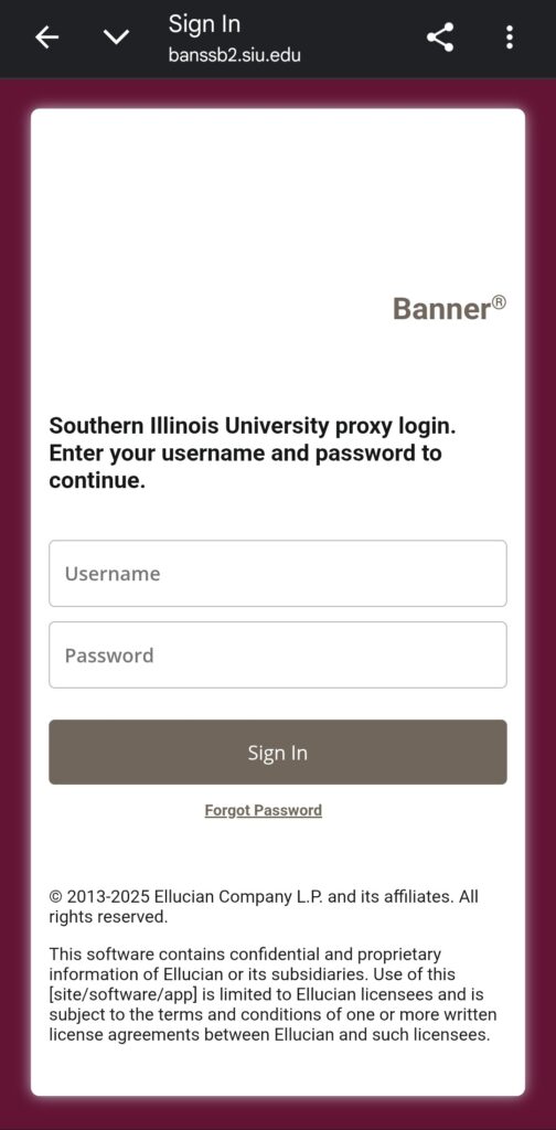 Screenshot of Banner Sign in Page