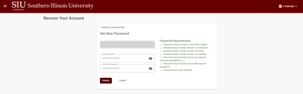 Screenshot of Set new password page
