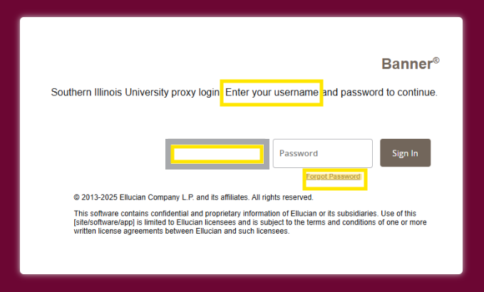 Screenshot of Banner login - Username field filled and forgot password link highlighted